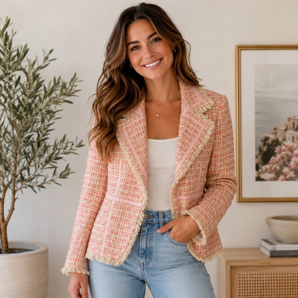 Guess Collection Pink Tweed Fringe Blazer Jacket XS